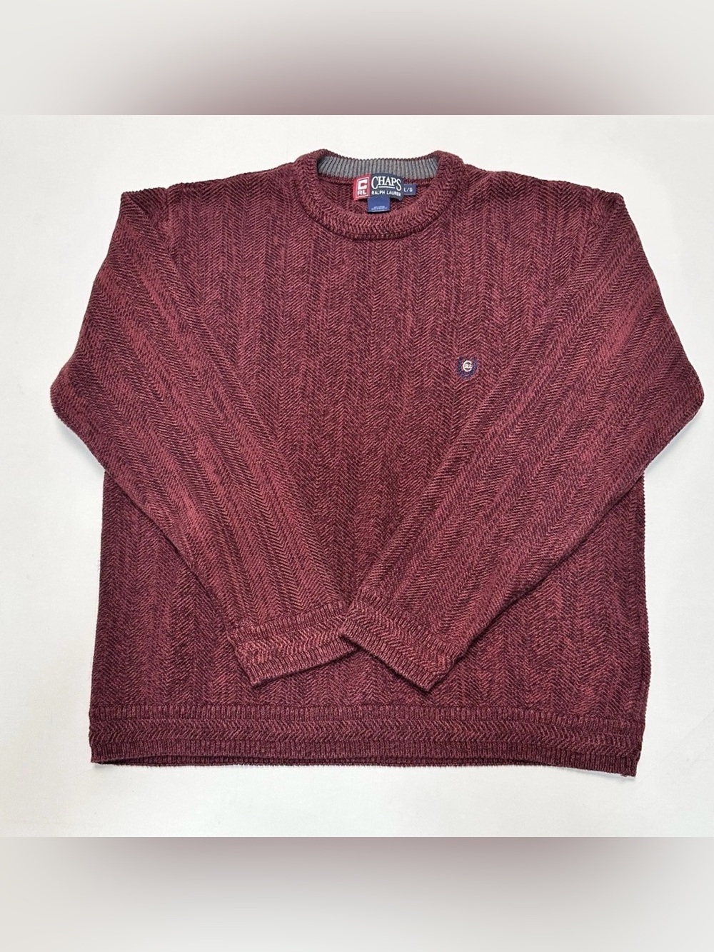 Chaps Ralph Lauren Sweater Mens Large Burgundy Herringbone Cotton Crewneck Vntg
